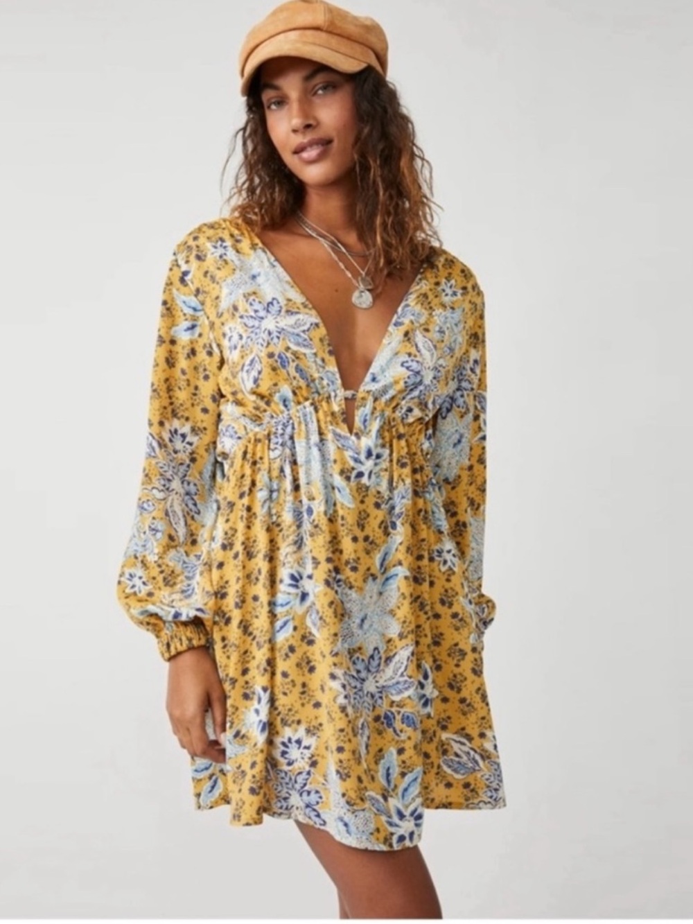 Free People Yellow Floral V-Neck Smocked Waist Mini Dress